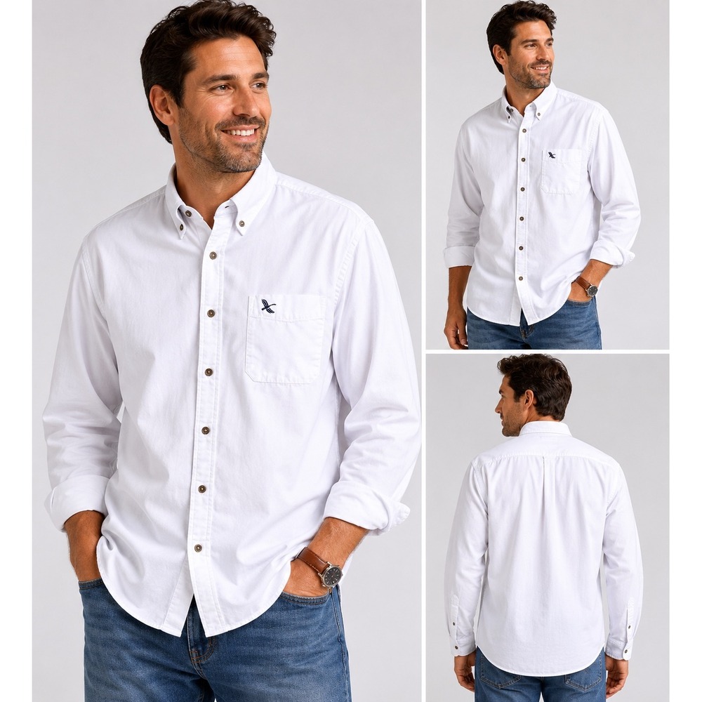 Eddie Bauer Mens XXL White Cotton Twill Button Long Sleeve Shirt Logo Pocket
